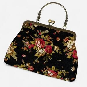 Floral Kiss Lock Top Handle Handbag Vintage Style With Chain